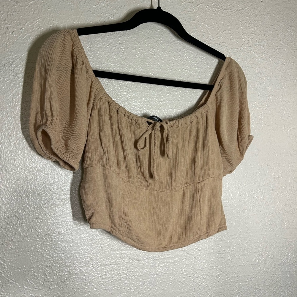 Xiomi Cropped Puff Sleeve Square-Neck Top - Beige